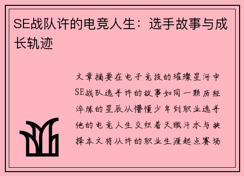 SE战队许的电竞人生：选手故事与成长轨迹