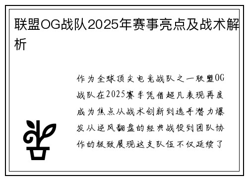 联盟OG战队2025年赛事亮点及战术解析