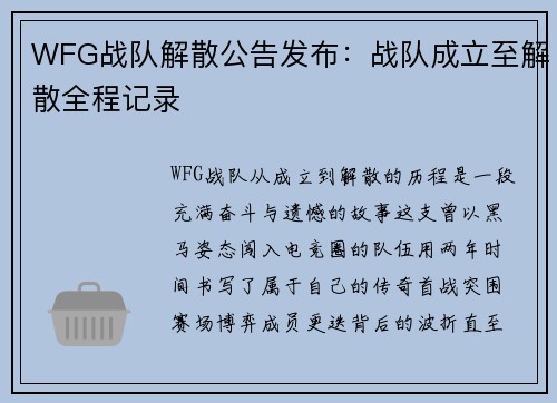 WFG战队解散公告发布：战队成立至解散全程记录